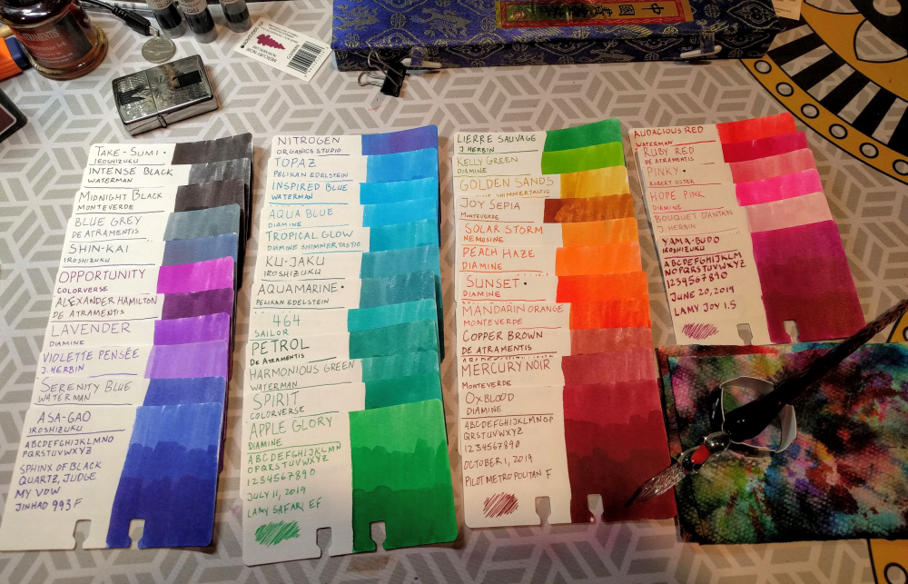 a set of many ink swatches organized by hue